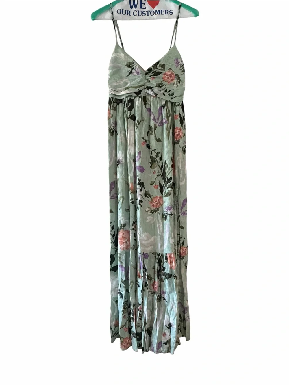 Abercrombie & Fitch Ruched Crinkle Maxi Dress Sage Green Floral Print Size Small